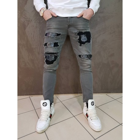 BAXMEN - Pánské šedé džíny s nášivkami